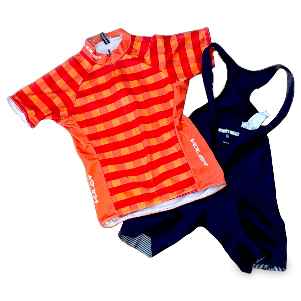 Kids cycling kit, L Voler jersey, 12y Castrelli bib shorts